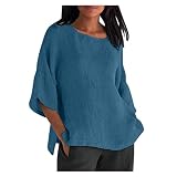 Dyhxuan Baumwolle Leinen Tshirt Damen Sommer Vintage Einfarbige Bluse Shirt Oberteile Frauen Sommer Kurzarm T-Shirt Tops Große Größen Sommerbluse Longshirt mit Schlitz Locker Rundhals Blusentop