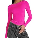 Einfarbiges T-Shirt mit Rundhalsausschnitt für Damen, heißes Mädchen, schlankes Langarm-Shirt, Top-Bluse Rave Outfit Damen T-Shirt Damen Oversize Langarm Sport T-Shirt Damen Fitness Eng