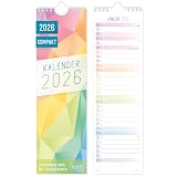 Häfft® kompakter Streifenkalender 2026 schmal (9 x 30 cm) Monats-Wandkalender für Küche, Flur & Co - übersichtliche Termine & Geburtstage 'Rainbow'- nachhaltig & k