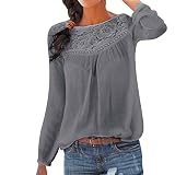 Lazzboy Patchwork Oberseiten Bluse Tunika Frauen Beiläufige Lange Hülsen Spitze Damen Blumen T-Shirt V Ausschnitt Knopfleiste Oberteil(Grau,M)