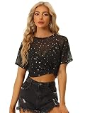 Allegra K Damen Kurzarm Party Sheer Durchsichtig T-Shirt Metallic Glitzer Stern Top Bluse Schwarz M
