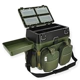 Carp Deal Sitzkiepe - Angel Koffer - Angel Rucksack 3 in 1 Inklusive 4 Tackle-Boxen für Angelzubehör im Deckel mit gepolsterter Sitzfläche und Trageriemen inkl. Ablagefach Angelstuhl S