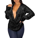 Duohropke Pailletten Oberteile für Damen Modern Casual mit Glitzer Party Shirt Oberteile V-Ausschnitt Glitzer Oberteile Loose Fit Tunika Bluse Top für Party Club