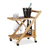 Relaxdays Küchenwagen Bambus, Servierwagen klappbar mit Flaschenhalter, Rollwagen Holz, 65 x 40.5 x 70 cm,