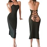 Damen Minikleid mit tiefem V-Ausschnitt, Neckholder, rückenfrei, für Damen, Party, Nacht, sexy, Club, figurbetont, Schwarzer langer Rock, Einheitsgröß