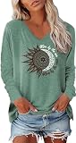 Teesho Damen Tshirt Langarm V Ausschnitt Oberteile Basic Shirts Casual Longshirt Drucken Pullover Herbst Tops Tunika（Grau grün/L