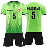 Faletony Personalisiertes Fussball Trikot Kinders Erwachsene Fusstball Shirt & Shorts Set mit Name Nummer Team Logo Personalisierte Fußballtrikot Jungs Mädchen (Polyester, Grün)