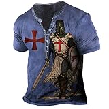 Herren Distressed Henley Shirt Tempelritter 3D gedruckt Kurzarm T-Shirts Vintage Casual Sport T-Shirt Top