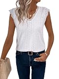 GORGLITTER Spitzenshirt Damen Elegant Tshirt Mit Spitze Sommer Oberteile Spitzentop Mit V-Ausschnitt Weiß L
