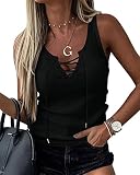 GeGekoko Damen Sexy V-Ausschnitt Tank Shirts Top Ärmellos Casual Basic Rippstrick Tops Mit Kordelzug Schwarz XL