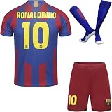 PraiseLight Barcelona Limitierte Ronaldinho #10 Heim Fußball Kinder Trikot Auflage Shorts Socken Set Nostalgie Jugendgrößen (Blau,30)