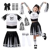 DIIQII Skelett Cheerleader Kostüm Mädchen: Gruseliges Halloween Outfit Komplettset mit Pompons Socken für Kinder - Horror Cheerleader Uniform für Gruselpartys Cosplay