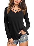 Beluring Langarmshirt Frauen Sexy Shirt Top mit Schnürung Vorne Einfarbig T-Shirt Blusen Schwarz L