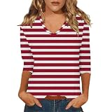 Bluse mit 3/4-Ärmeln, Baumwolle, 2024, bequem, Blusen, elegant, Herbst, Retro, V-Ausschnitt, Sommer, Tops, locker, gestreift, lässig, mit Knöpfen, Hemd, rot, S