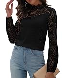 Hount Damen Patchwork Oberteile Lace Festlich Strick Bluse mit Stehkragen Blusenshirt (L, Schwarz)