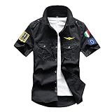 ASDFS Cargo Hemd Herren Revers Stickerei Kurzarmhemd Herren Knopfleiste Verschleißfest Arbeitshemd Für Männer Doppeltaschendekoration Outdoor Hemd Herren E-Black M
