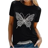 EMATOP Damen Sommer Oberteil Schmetterling Drucken T-Shirt Lässig Pullover Rundhals Basic Kurzarm Tshirt Lose Elegant Sportshirt Schmetterling Muster Tunika S