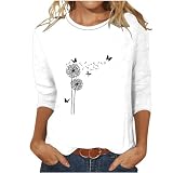 Premium Marken Blusen Damen Sommer 3/4 Arm Oberteile Shirt Elegant Baumwolle Tshirt Casual Rundhals Sportshirt Leicht Gemütlich Tunika Sommershirts Löwenzahn Druck Kurzarm Long