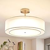 Depuley Deckenleuchte Schlafzimmer Weiß mit Stoffschirm LED Deckenlampe Wohnzimmer textil modern rund innen Einbau Hängend E27 für Esszimemr Flur Bü