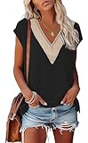 Kurzarmshirt für Damen Sommer T-Shirt mit V-Ausschnitt aus Spitze Klassische Einfarbige Oberseite Freizeit Damenbekleidung(Schwarz,XXL)