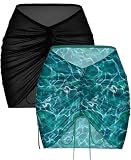 AI'MAGE 2 Stück Frauen Strand Sheer Cover Ups Mesh Bikini Wrap Rüschen Rock für Bademode S-XXL, Schwarz + grüne Wellen, XX-Larg