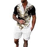 Sportlicher Herren-Trainingsanzug Set Hawaiian Sportanzüge Herren Fitnessanzug Rundhals Kurzarm T-Shirt + Shorts Trainingsanzug Tennis Herren Bekleidung Outfit Streetwear, 01 weiß., S