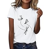 T-Shirt Damen Sommer T-Shirt Kurzarm Elegantes Top Baumwolle Casual T-Shirt Business Print Shirt Lustig Sport Bluse Top Sommer T-Shirts mit Rundhalsausschnitt Übergröße, 04#weiß, XX-Larg
