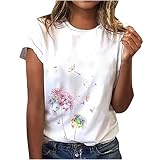 Damen Oberteile Sommer Tshirt Kurzarm Bluse mit Rundhalsausschnitt Bunte Blumen Drucken T-Shirt Tee Tops Pullover Teenager Mädchen Pulli Tunika Shirt Freizeit T Shirts Longbluse für F