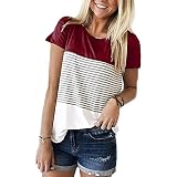 Damen Sommer Farbblock Gestreiftes T-Shirt Lockere Passform Sommer Tops LäSsige Tunika Rundhalsausschnitt Kurzarm T-Shirt Blusen (XXL,Dunkelrot)