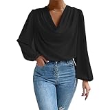 Einfarbige Chiffon-Blusen für Damen, Puff-Langarm-Shirts, elegant, drapiert, Wasserfallkragen, gerüschte Vorderseite, lockerer Pullover, Oberteil mit Wasserfallkrag
