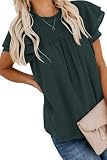 Lioggyet Damen Rundhalsausschnitt Spitze Häkelbommel Fließend Kurzarm Freizeithemd Blusen Tops Grün XXL