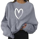 Sweatshirt Damen Oversized, Rundhals Pullover Damen Langarm-Langarmshirt Damen Sport mit Herzform Aufdruck Mode Loose Lässige Herbst Winter Oberteile Ohne Kapuze Blusen Basic Sw