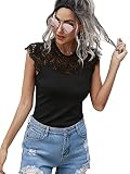 GORGLITTER Spitzentop Damen Elegant Oberteil mit Spitzeneinsatz Tops Business Casualshirt Sommer Shirts Flügelärmel Schwarz M