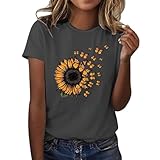 Damen-Shirt, Rundhalsausschnitt, V-Ausschnitt, modisch, lässig, mit Sonnenblumen-Motiv, Schmetterlings-Druck, Rundhalsausschnitt, kurzärmelig, Oberteil, übergroße T-Shirts für Damen, dunkelgrau, 3XL
