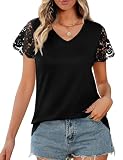 Deso T-Shirts Damen Sommer mit V-Ausschnitt Kurzärmeliges Damen Oberteile Elegant Spitzenbluse für Casual Büro Schw