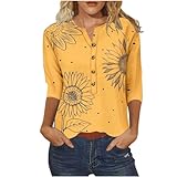 Tshirt Damen 3/4 Ärmel, Blusen & Tuniken für Damen, T-Shirt Mit V-Ausschnitt Und 3/4-Ärmeln, Bedruckte Bluse Elegant T Shirts für Frauen Kurzarm Sport Tshirts Oberteile Mit Locker Button Top