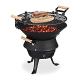 Relaxdays Grillfass Gusseisen, höhenverstellbarer Grillrost, Belüftung, Fassgrill für Holzkohle, HBT 40x45x36cm, schw