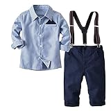 FAIRYRAIN 2-Teiliges Kleinkind Jungen Babyanzug Gentleman Kinder Langarm Hemd + Hose mit Träger Anzug Kleidung, Blau, Gr.130
