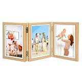 TESSTSY 3 Fotos Faltbar Bilderrahmen Collage, 10x15 cm Klappbarer Bilderrahmen Aus Holz, Klappbarer Fotorahmen mit Glasscheibe Bilderrahmen 3 Fotos, für Hochzeit, F