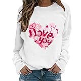 Briskorry Valentinstag Damenpullover Weiß Lässiges Basic Casual Pullover Elegant Bluse Liebe Grafik Langarmshirts Rundhals Romantische Valentinespulli Sw