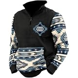 RLEHJN Poloshirt Herren, Sportshirt Quarter Zip Vintage Muster Western Sweatshirt Halb Zip Pullover Mit Tasche Umlegekragen Langarmshirt Zip Training