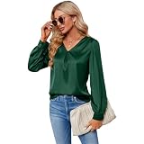 OATTIS Damen-Satin-Plissee-Langarmoberteil Mit V-Ausschnitt, Lässige Und Lockere Passform, Arbeits- Und Büro-Farb-Ding-Shirt,Farbe2,M