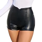 Kurze Lederhose Damen Schwarz High Waist PU Ledershorts Rave Pole Dance Booty Shorts Party Outfit Nachtclub Gothic Kurze Hose Lackhose Hotpants Sexy Clubw