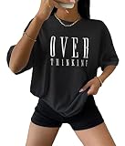 Tomwell Damen Tshirt Kurzarm Sommer Oberteile Oversized T-Shirt mit Buchstaben Druck Lose Rundhals Sport Shirt Teenager Mädchen Top Tunika Lang A Schwarz XXL
