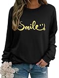 Dresswel Damen Sweatshirt Smile Brief Drucken Pullover Lustiges Lächelndes Rundhals Langarmshirt Baumwolle Pulli Herbst Winter Casual Oberteile Langarm Tops(2-Schwarz, L)