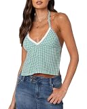 Cusghjbsg Damen Kariertes Neckholder-Mieder, Sommer, Y2K, ärmellos, offener Rücken, Schnürung, Frotteebesatz, Herzausschnitt, schmale Passform, bauchfreies Tanktop, Green a, S