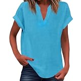 Damen Sommer Tank Loose Fit Plissee V-Ausschnitt Ärmelloses Top Gebogener Saum Flowy (Sky Blue, S)