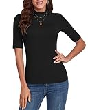 WOWENY Damen Kurzarmpullover elegant 1/2 Arm T-Shirt mit elastischem Stehkragen Rollkragen T-Shirt Baumwollen Basic Oberteile Bluse Shirt,Schwarz,L