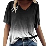 Masrin Sommer Damen Tshirt Oversize Oberteile Trendige 3D Farbverlauf Druck T-Shirt Kurzärmlige Basic Tops mit V-Ausschnitt Lose All-Match Bluse Shirt Urlaub Freizeit Laufshirt T-Shirts für Legging