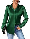 Zeagoo Damen Bluse Satin Seide Hemd V-Ausschnitt Lässiges Casual Blusentop Elegant Oberteile Lockere Tops Longgram Shirt Grün XXL